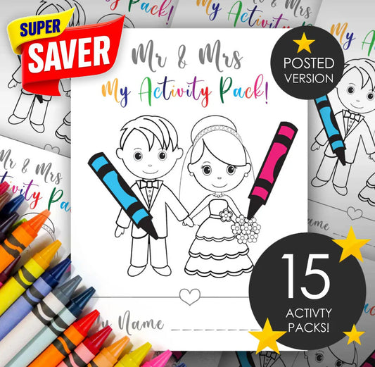PRINTED & POSTED VERSION | 15 Pack For 15 Kids SPECIAL OFFER Bundle | Mr & Mrs Kid's Wedding Activity Pack A4 | 15 FREE Toddler Packs! | 14 pages! | Suitable for all ages! ★★★★★