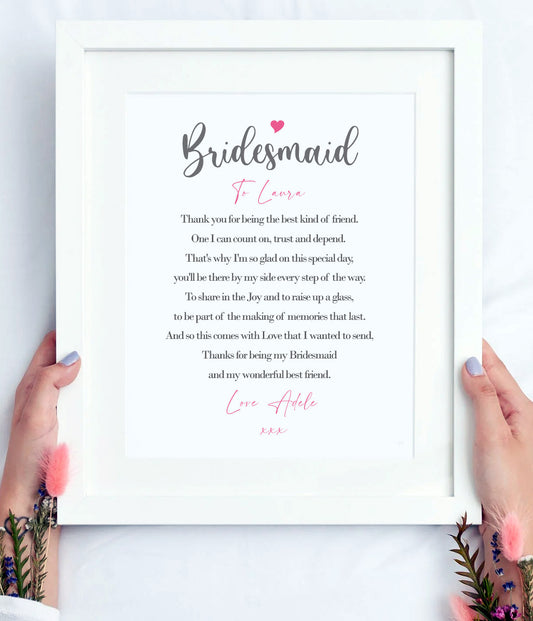 Bridesmaid Gift | Personalised Wedding Thank You Print | Size A4 | Ideal for framing | Instant download ★★★★★